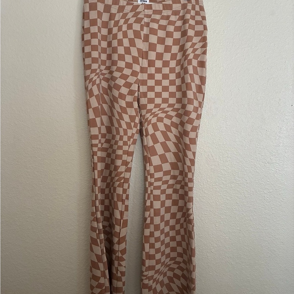 Cotton On Brown Optical Checker Flare Pants – Size M